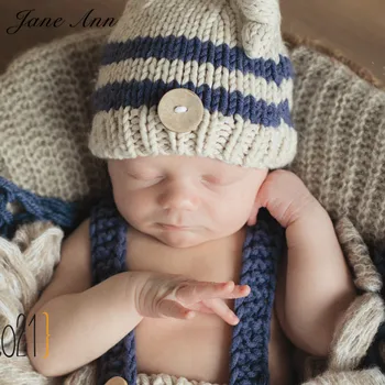 Jane Z Ann Naujagimiui fotografijos rekvizitai kūdikių mezgimo nėrimo kostiumas mėlynas dryžuotas minkštuosius komplektus, kepuraitė+kelnės baby shower dovana