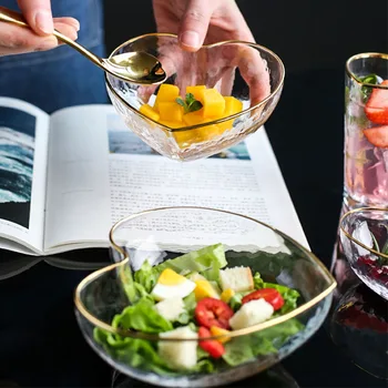 Japonijos aukso rėmeliu stiklo dubenėlį namų salotų dubenį širdies formos vaisių dubenį vandens puodelį desertas dubuo