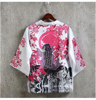 Japonijos Dragon Spausdinti Baltas Kimono Moterų Harajuku Hip-Hop Mados Atsitiktinis Streetwear Striukė Vasaros Megztinis Vyrams Yukata