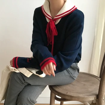 Japonijos Preppy Stilius Rudens Žiemos Moterų Megztinis Sailor Apykaklės Lankas Baltos, Mėlynos Geltonos Spalvos Megztas Megztinis Mielas Kawaii Viršutinių Drabužių Siuvimas