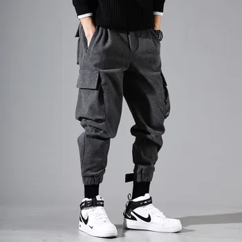 Japonijos Vintage Mados Atsitiktinis Vyrų Kelnės Prarasti Didelis Kišenėje Krovinių Kelnės Vilnonių Stora Kelnės Streetwear Hip-Hop Jogger Kelnės Vyrams