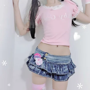 Japonų Mergina, Plisuotos Super Mini Džinsinio Sijonai Žema Juosmens Linija Bud Sijonai Kietas Naktinis Klubas Šalies Dėvėti Sijonas Punk Stiliaus