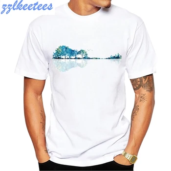 Jokių Klijų Jausmas Spausdinti Įdomus Gamtos Gitara Akvarelė Mėlyni Marškinėliai Vyrams Mados Vasara O-Kaklo Balti Trumpomis Rankovėmis Viršuje T-Shirt Vyrai