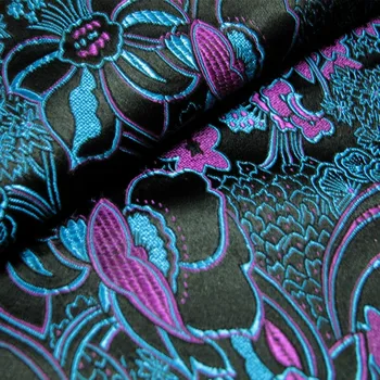 Juoda ir mėlyna violetinė linija modelio brokatas šilko satino audinio / suknelė kimono Hanfu 