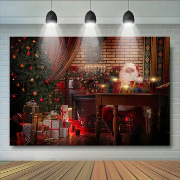 Kalėdų Santa Claus Fotografijos fonas Dovana Kalėdų Eglutė Šalies Nuotrauka fone Židinys Blizga Varpai raudoname Fone