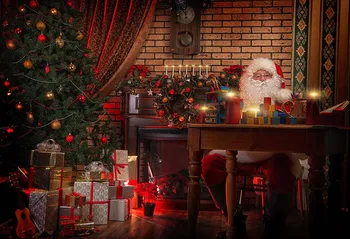 Kalėdų Santa Claus Fotografijos fonas Dovana Kalėdų Eglutė Šalies Nuotrauka fone Židinys Blizga Varpai raudoname Fone
