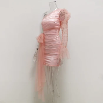 Karlofea Moterų Organza Akių Ruched Dress Ponios Puikus Elegantiškas Outwear Seksualus Vieną Petį Sluoksniuotos Rankovėmis Spalvingas Šalis Mini Suknelė