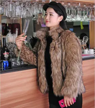 Karšto pardavimo žiemos mados moterų dirbtiniais lapės kailinius,Mandarinų apykaklės rudos spalvos paltas,Slim prabangus storas šiltas kailiniai striukes Plius dydis