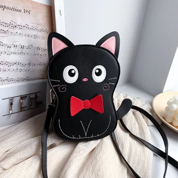 Katė Formos Pečių Maišą Mini Krepšys Moterų Animacinių Filmų Kokybės Odiniai Krepšiai Mergaičių Siuvinėjimo Crossbody Telefono Krepšys