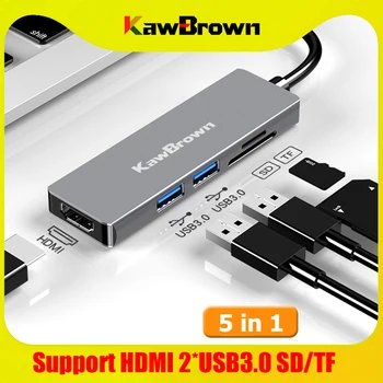 KawBrown 5 in 1 Multi USB C Docking Station Hub Paramos Tipas C 2 Prievadai USB 3.0/4K HDMI/TF/SD Kortelę Nešiojamąjį kompiuterį 