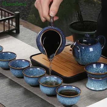 Keramikos, Porceliano Arbatos Rinkinys Teaware Arbatos Puodelio 6 Mėlyna Glazūra Krosnies Pasikeitė Triušio Plaukų Šepečiu Arbatos Rinkinys, Arbatinukas Dangčiu Dubuo
