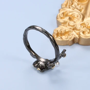 Kinel Prabanga Boho Natūralaus Stiliaus Perlų Žiedai Moterims Juoda Aukso Mozaika Derliaus Gėlių Vestuvių Nuotaka Žiedas Etninės Papuošalai