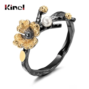 Kinel Prabanga Boho Natūralaus Stiliaus Perlų Žiedai Moterims Juoda Aukso Mozaika Derliaus Gėlių Vestuvių Nuotaka Žiedas Etninės Papuošalai