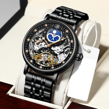 KINYUED Verslo Tourbillon Mechaniniai Laikrodžiai Automatinis laikrodis Vyrams, Prabangos Prekės Mėnulio Fazės Laikrodis Full Steel Relojes Hombre