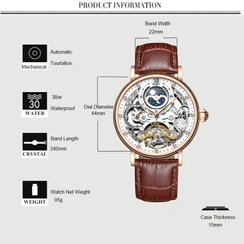 KINYUED Verslo Tourbillon Mechaniniai Laikrodžiai Automatinis laikrodis Vyrams, Prabangos Prekės Mėnulio Fazės Laikrodis Full Steel Relojes Hombre