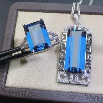 KJJEAXCMY fine jewelry gamtos mėlynas topazas 925 sterlingas sidabro moterų brangakmenio pakabukas karoliai, žiedas nustatyti paramos bandymo prabanga