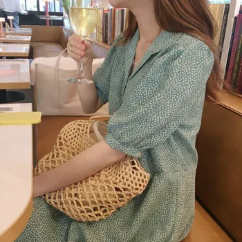 Korėjos Moterys Žalia Vasarą Trumpi Marškinėliai Suknelė Vieną Krūtinėmis Žibintų Rankovėmis Tiesiai Vestidos Atsitiktinis Skraiste Femme Sukienki Jurken