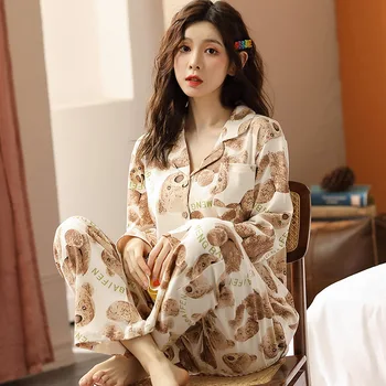 Korėjos Stiliaus Meškiukas Pižama ilgomis Rankovėmis Girly Stilius Animacinių filmų Gyvūnų Spausdinti Pavasarį ir Rudenį Mielas Dviejų dalių Medvilnės Pizama Kostiumas