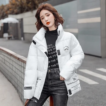 Korėjos Stiliaus Moterų Žiemos Striukė Su Užtrauktuku Stovėti Apykaklės Spausdinimo Prarasti Moterų Parkas Storio Medvilnės, Paminkštinta Moterų Puffer Coat