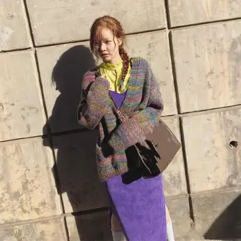 Kpop 4Minute Kim Hyun tos pačios 2021 m. rudens Spalvų Mezgimo hoodies moterų korėjos streetwear atsitiktinis V-kaklo, megztiniai moterų drabužiai