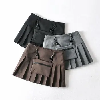 Kpop korėjos Įžymybė Gothic Black kišenėje Aukštos Juosmens seksualus Sijonai moterims Streetwear Retro Harajuku Stiliaus mini Klostuotas Sijonas