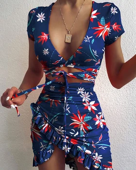 Kriptografijos Gėlių Spausdinti Mados užrišti Wrap Mini Suknelė 2021 M. Vasaros Atostogų Raukiniai Sundress Ruched Moterų Suknelė trumpomis Rankovėmis