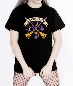 Kuakuayu-JF Moterų Vintage Mados Coven Klubo Marškinėlius Grunge Ragana Juoda Tee Gotikos Helovinas Drabužiai.