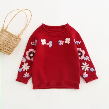 Kūdikių mergaitės, siuvinėti gėlių mezgimo sweaterround apykaklės megztinis kūdikių gražių gėlių, kailis vaikai