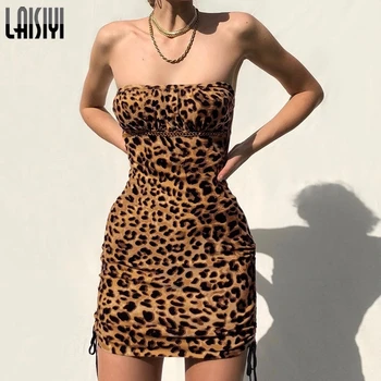 LAISIYI Leopardas Spausdinti Stebėjimo Seksualus Ruched Mini Suknelė Moterims 2019 M. Rudenį, Žiemą Naujas Bodycon Suknelė Šalies Klubas Suknelė ASDR22654