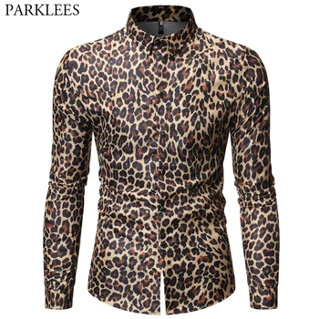 Laukinis Leopardas Spausdinti Marškinėliai Vyrams Naktinis Klubas Šalies Šokių Vyrai Ilgomis Rankovėmis Marškinėliai Slim Fit Atsitiktinis Socialinės Streetwear Camisa Masculina