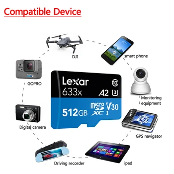 Lexar 633x Micro SD Kortelės Gopro Atminties Kortelė Micro SD 512 gb Atminties Kortelė, Flash Kortelės Aukštos kokybės 633x MicroSDHC UHS-I kortelės