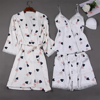 LIEPOS DAINA Širdį Spausdinti Satino Pižamą 2020 M. Pavasario Vasaros Moterų Pižama Rinkiniai 3pcs Nėriniai Kilpų Šortai Dirbtiniais Šilko Sleepwear