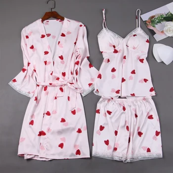 LIEPOS DAINA Širdį Spausdinti Satino Pižamą 2020 M. Pavasario Vasaros Moterų Pižama Rinkiniai 3pcs Nėriniai Kilpų Šortai Dirbtiniais Šilko Sleepwear