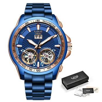 LIGE Mados Vyrai Žiūrėti Mėlyna Prabanga Mechaniniai Laikrodžiai, Nerūdijančio Plieno, 100 Metrų atsparus Vandeniui Sporto laikrodis Vyrams Relogio Masculino