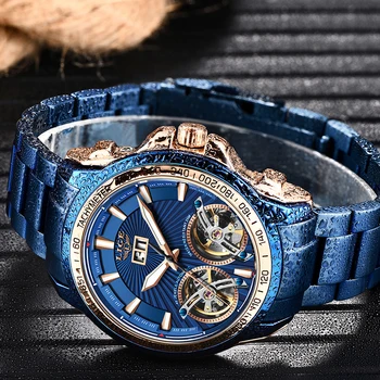LIGE Mados Vyrai Žiūrėti Mėlyna Prabanga Mechaniniai Laikrodžiai, Nerūdijančio Plieno, 100 Metrų atsparus Vandeniui Sporto laikrodis Vyrams Relogio Masculino