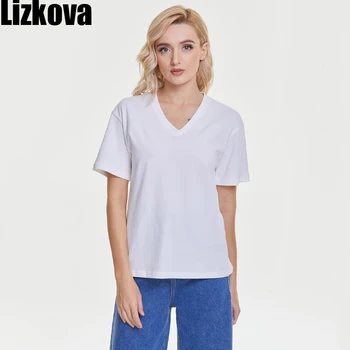 Lizkova Medvilnės Moterų Tshirts Baltos V-kaklo trumpomis Rankovėmis Mujer Camisetas 2021 M. Pavasarį Kietosios Spalvos Minkštas Atsitiktinis Viršūnes 6001