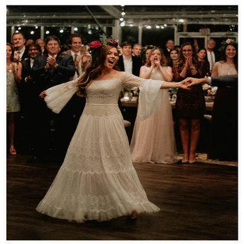 LORIE Boho Vestuvių Suknelė Nėrinių Linija Derliaus Princesė Vestuvių Suknelė Balta Dramblio kaulo Nuotakos Suknelė Blyksnius Rankovėmis Beach Nuotakos Suknelė 2019