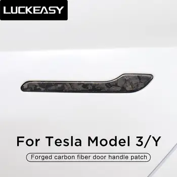 LUCKEASY Kaltiniai marbling sausas anglies pluošto durų rankena Tesla Model 3 ir modelį Y 2017-2021 šildomi pakeitimo priedai