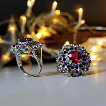Madingas Naują Stilių Kalėdų Naktį Žvaigždėtą Raudona Korundo Akmens Žiedas Europos ir Amerikos Spalvų Deimantų Vestuviniai Papuošalai