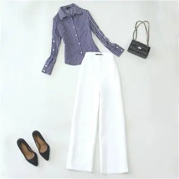 Mados juostele kostiumas moteriška vasaros Naują mėlyna balta juostele klasikiniai ilgomis rankovėmis marškinėliai + balta didelio juosmens pločio kojų kelnės dviejų dalių