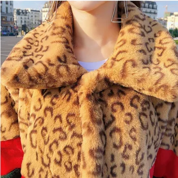 Mados kratinys Leopard Dirbtiniais kailių paltai moterims Storas Šiltas Žiemos paltai Atsitiktinis Ilgo Kailio striukė Moteriška Aukštos kokybės laisvas Paltas