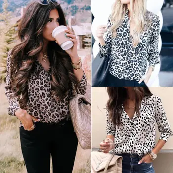 Mados Moterų ilgomis Rankovėmis Leopardas Spausdinti Palaidinė Top Ponios Atsitiktinis Laisvi Marškiniai, Palaidinės Femme Dot Marškinėliai
