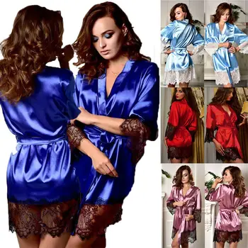 Mados Naujų Ponios Moterų Nėriniai Ilgomis Rankovėmis Sleepdress Skraiste Satino Naktį Padažu Suknelė Sleepwear Chalatas Kimono