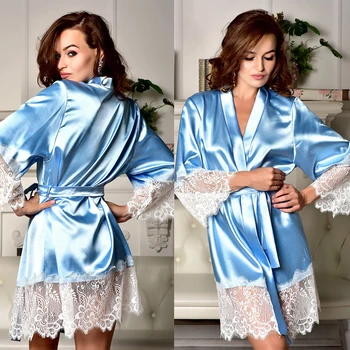 Mados Naujų Ponios Moterų Nėriniai Ilgomis Rankovėmis Sleepdress Skraiste Satino Naktį Padažu Suknelė Sleepwear Chalatas Kimono