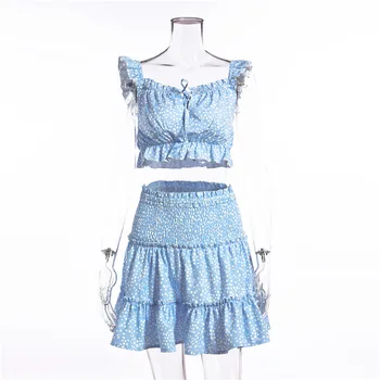 Mados omighty moterų suknelės, mėlyna gėlių sijonas rinkiniai Spandex Poliesteris Raukiniai Rankovių Gėlės Žiedlapis sijonas rinkinys moterims
