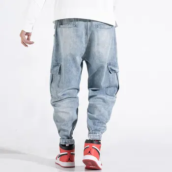 Mados Streetwear Vyrų Džinsai Palaidi Tinka Šviesiai Mėlyna Didelis Kišenėje Džinsai Krovinių Kelnės Siuvinėjimo Dizaineris Hip-Hop Džinsai Vyrų Haremas Kelnės