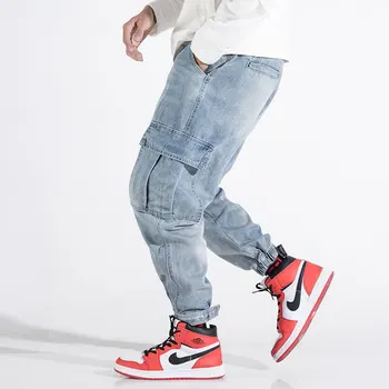 Mados Streetwear Vyrų Džinsai Palaidi Tinka Šviesiai Mėlyna Didelis Kišenėje Džinsai Krovinių Kelnės Siuvinėjimo Dizaineris Hip-Hop Džinsai Vyrų Haremas Kelnės
