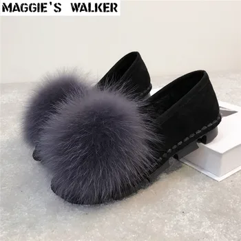 Maggie Walker moteriški Laisvalaikio Bateliai Mados Pulko Fox Plaukų Šiltos Žiemos Butai Slip-on Mokasīni, Su Pomponai Dydis 36~40