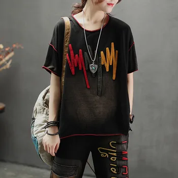 Max LuLu 2019 M. Vasaros Mados Ponios Korėjos Punk Stiliaus Viršūnes Moterų Juodas Džinsinis Audinys Dryžuotas T Shirts Derliaus Atsitiktinis Negabaritinių Marškinėlius