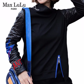 Max LuLu Naujas 2019 Žiemos Korėjos Dizaineris Ponios Slim Viršūnes Tees Moterų Golfo Juoda Siuvinėjimas T Shirts Drabužius
